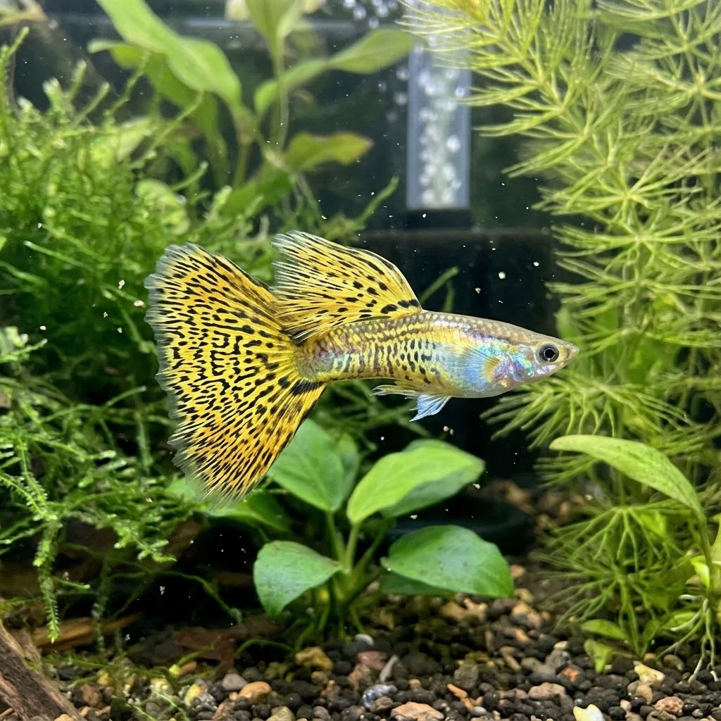 Halfmoon Yellow Tiger Guppy (Poecilia reticulata)(Males)